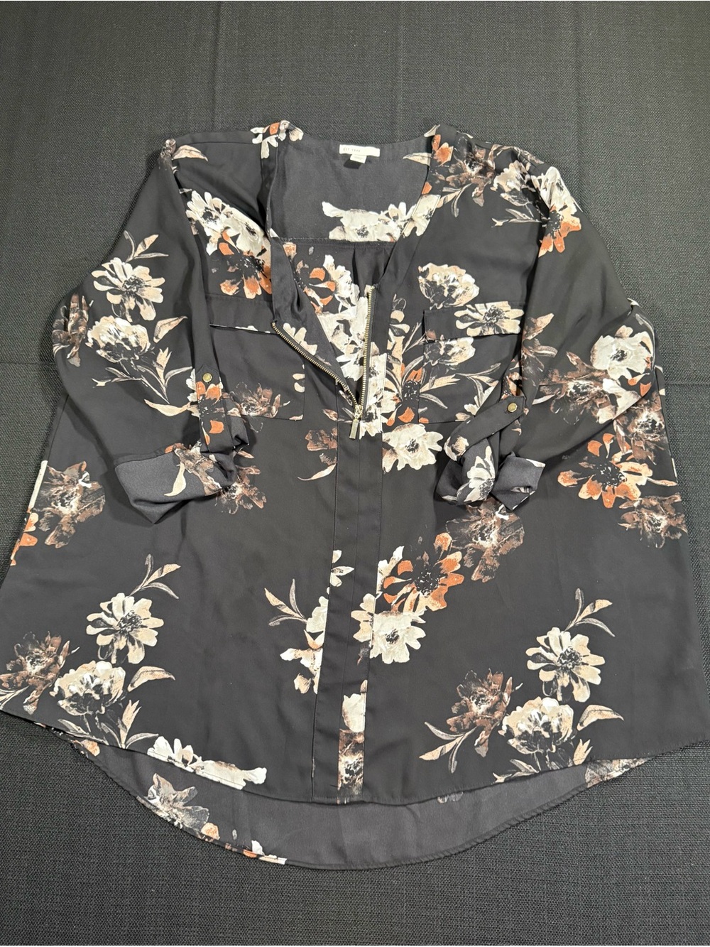 Black Floral Blouse with Cream and Rust Accents - Picture 9 of 11